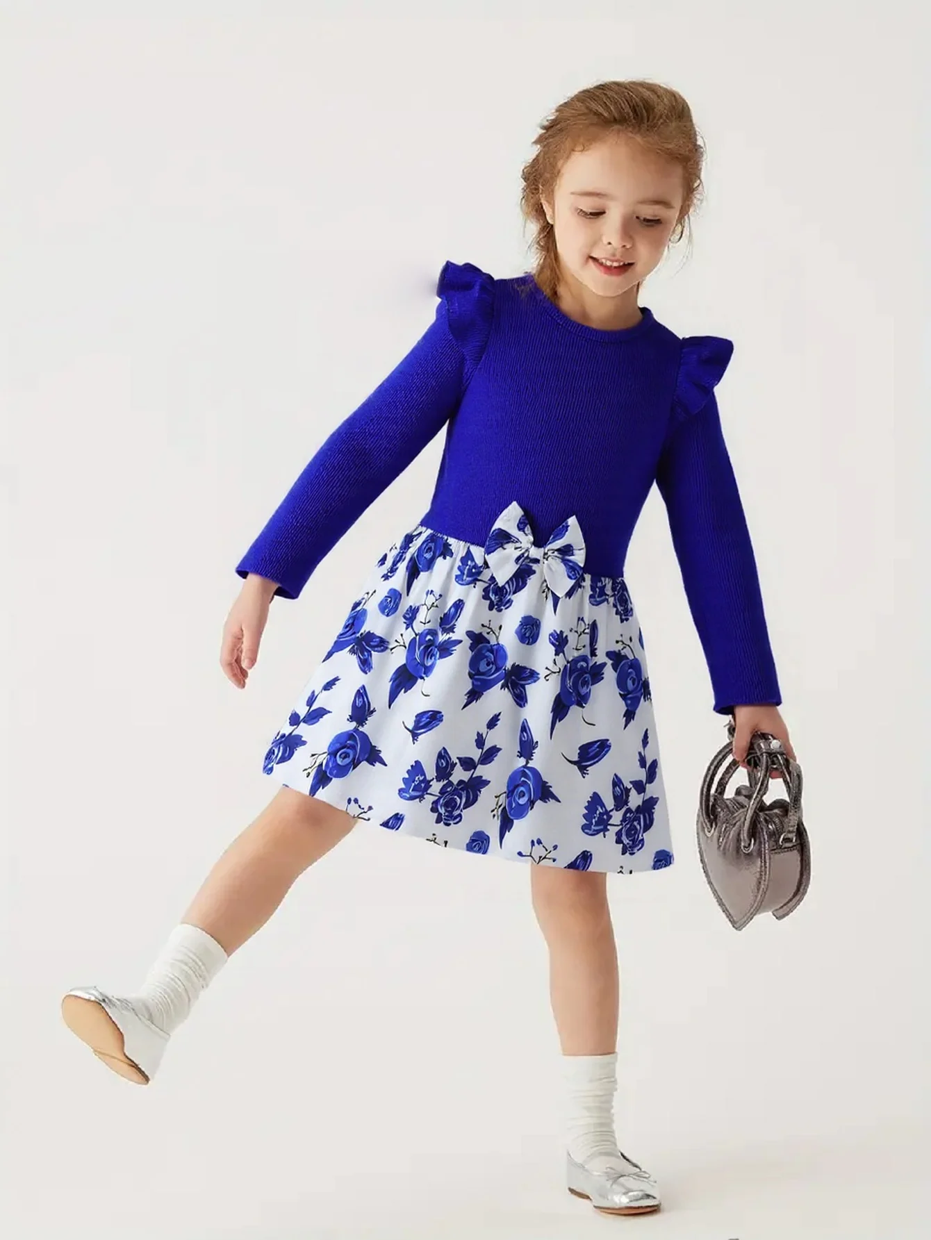 

Girl's Pit Bar Round Neck Long Sleeve Flying Sleeve Flower Pattern Printed Dress, Suitable for Autumn and Winter Seasons