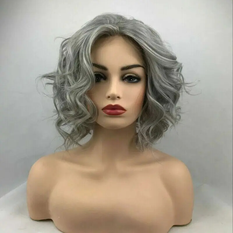 Women Shoulder Length T Part Lace Front Wigs Synthetic Curly Wig Wavy Gray Short