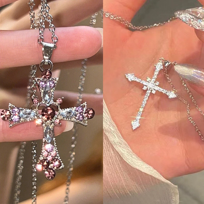 European And American Fashion French Zircon Cross Pendant Necklace Light Luxury Simple Personality Necklace For Women Jewelry