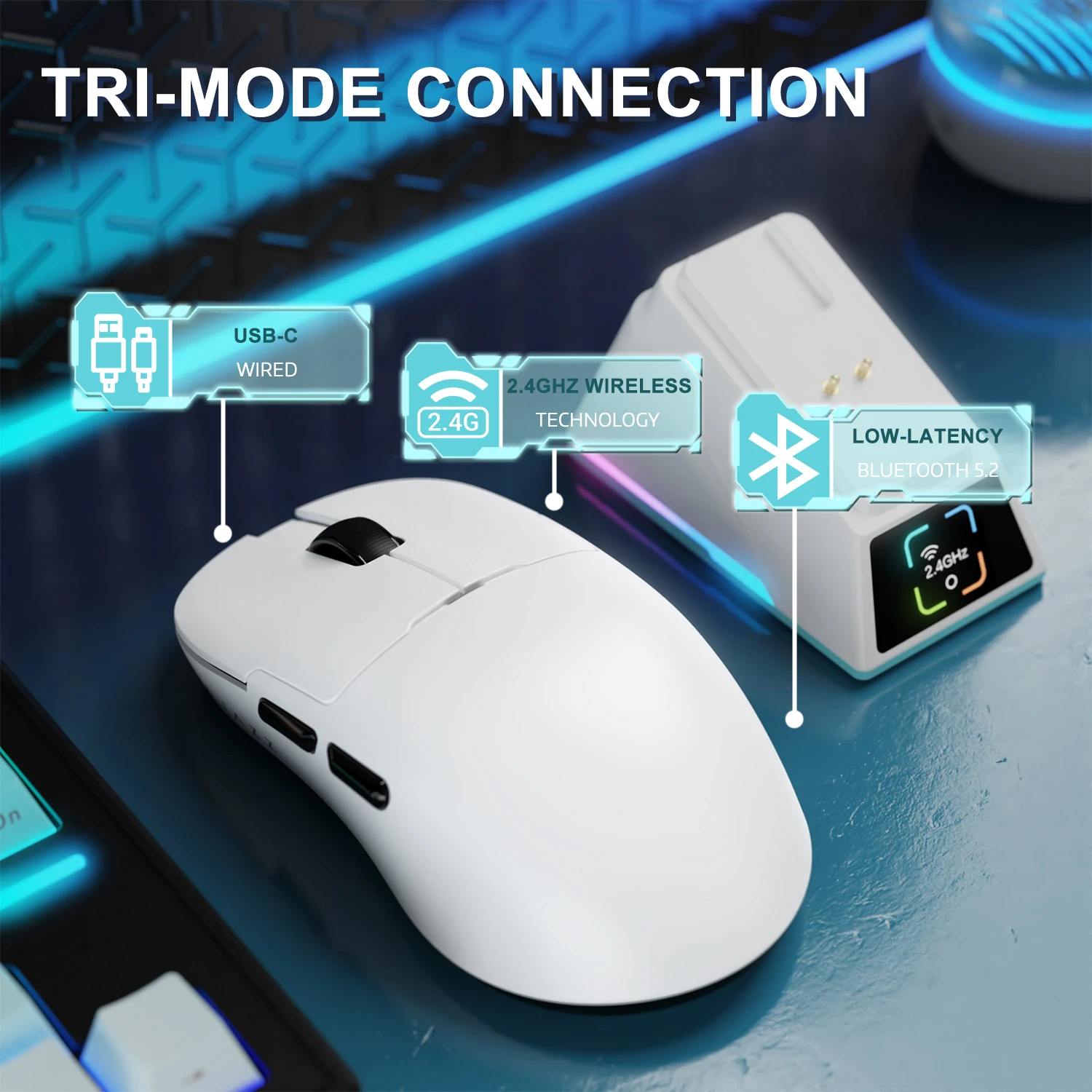 Trójmodowa mysz do gier Attack Shark × AJAZZ AJ159 APEX 8K, PAW3950, magnetyczna stacja dokująca do ładowania ekranu, do 42K DPI, do komputera PC/MAC