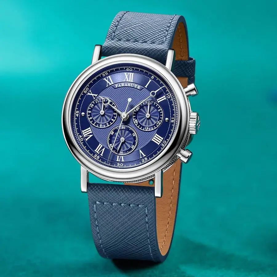 

FARASUTE мужские автоматические часы 38 мм хронограф механические наручные часы с сапфировым стеклом тройные окна водостойкие Dandong 4130 Star Rotor