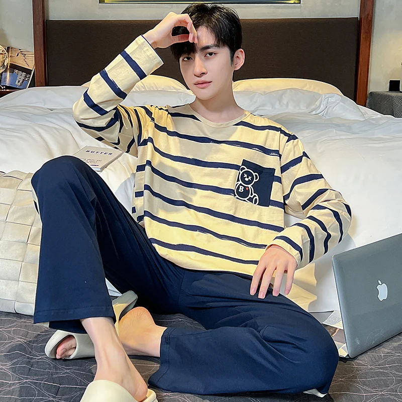 Men's Cotton Pajamas Spring and Autumn New Long Sleeve Sleepwear Teenagers Homewear Casual Loungewear set pijama hombre Dropship