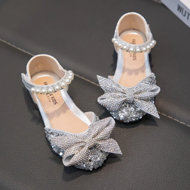 Girls' Shoes New Fashion Bow Sequins Princess Shoe for Girl Silver Dance Shoes for Party Size 21-36