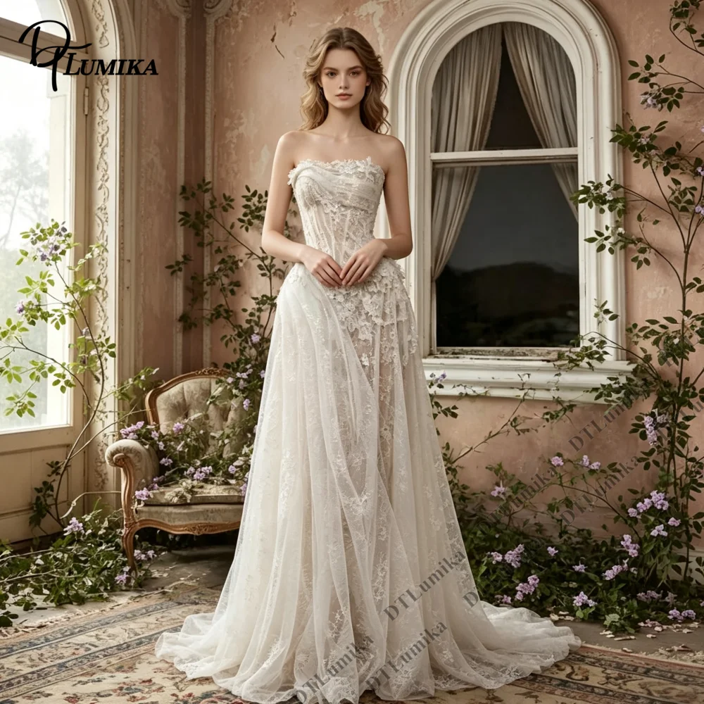 Stunning Lace Wedding Dress Strapless Sheath Bridal Gown 3D Floral Appliques Corset Bodice Wedding Gown with Train Customized