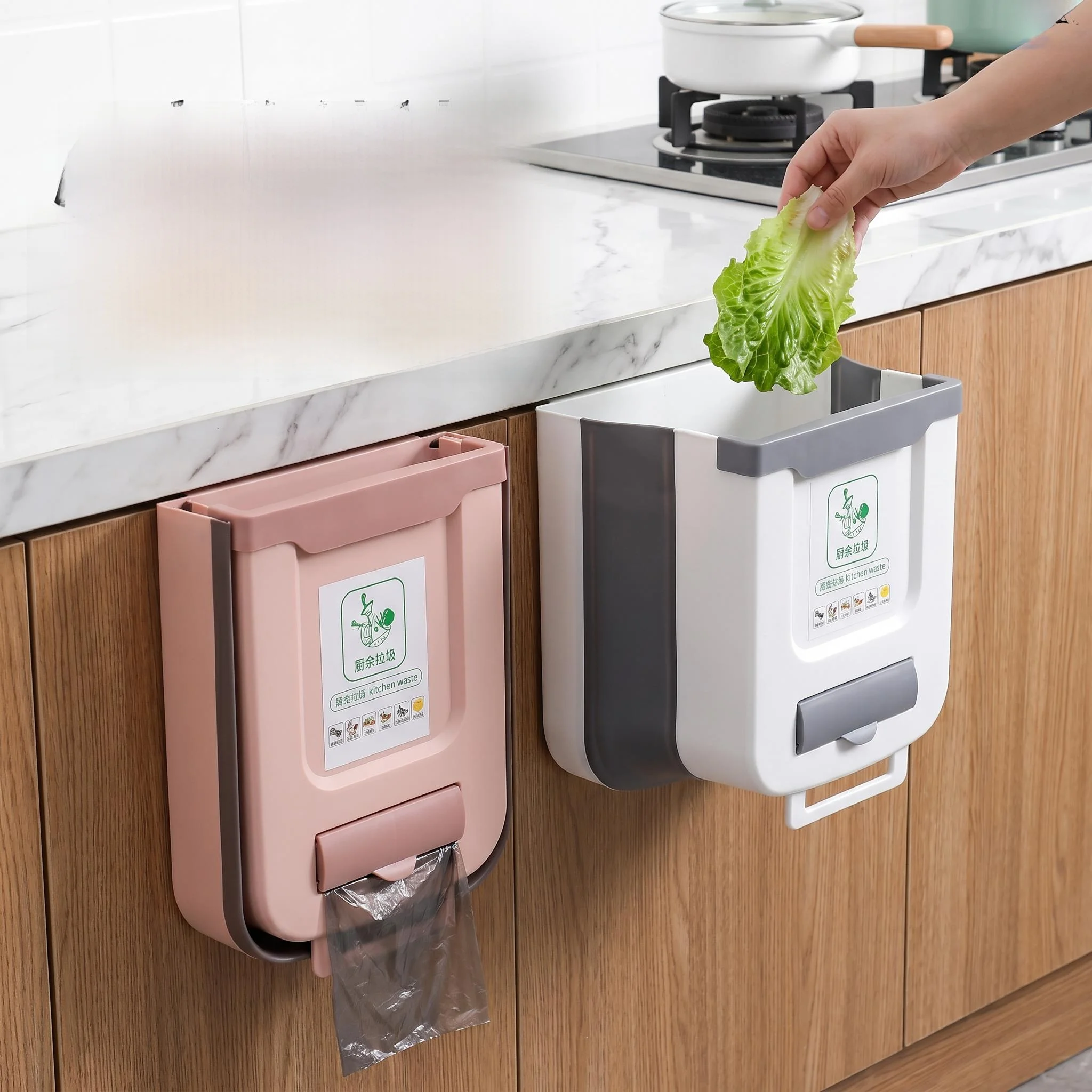 

Kitchen Wall-Mounted Garbage Can Stackable No Need to Bend over Stainless Steel Inner Bucket Home Toilet Paper Basket