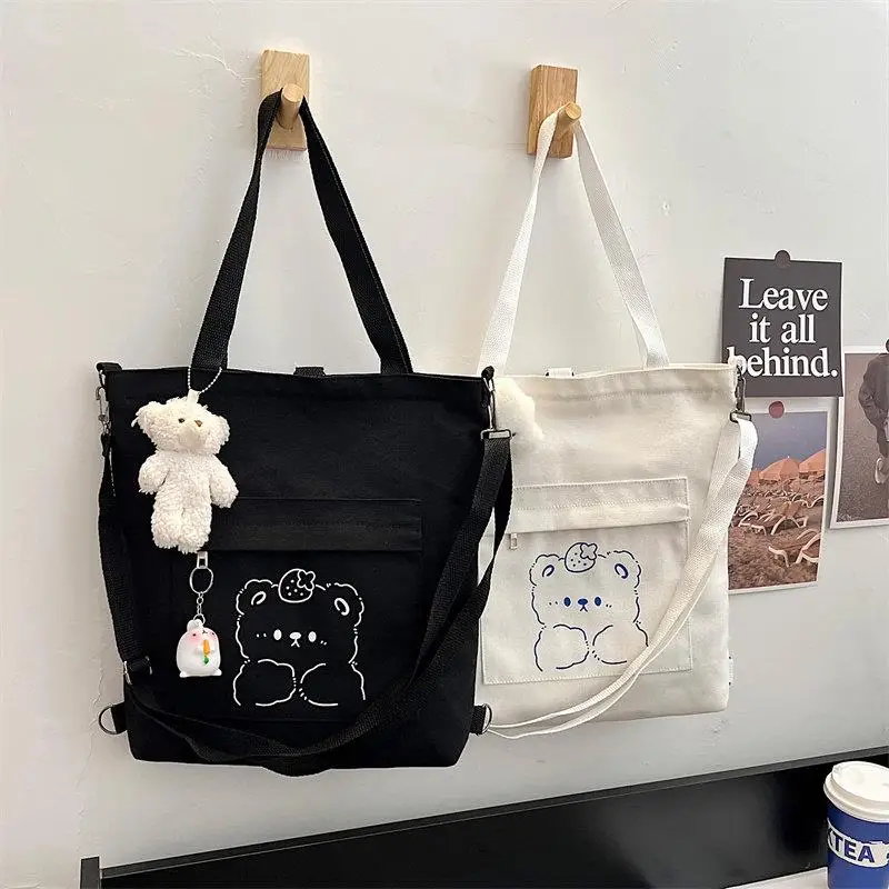 Large Capacity Canvas Shoulder Bag Cartoon Style College Fashion Women's Japanese Style Tote Bag Ins Crossbody Bag for Class