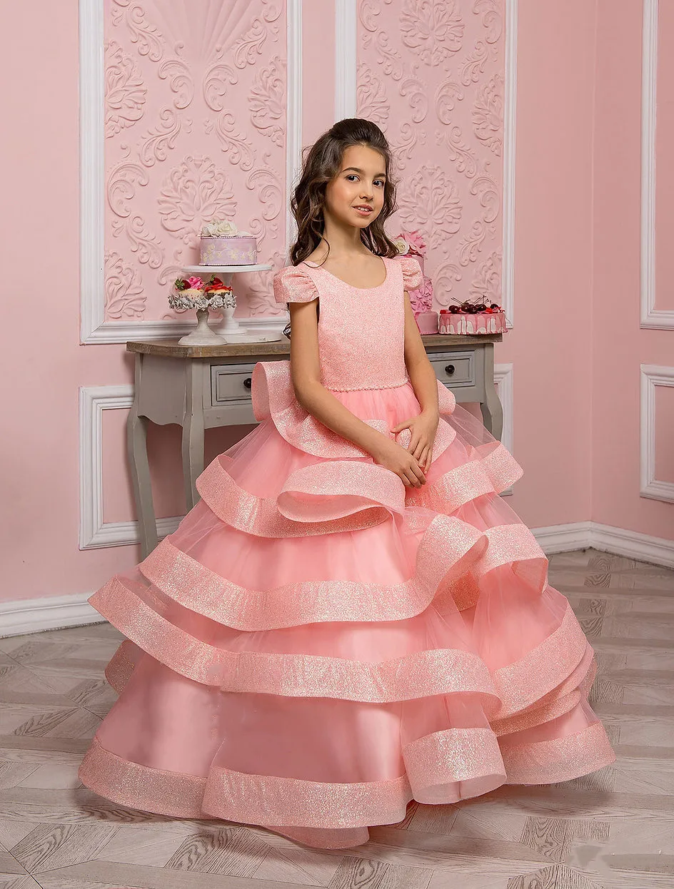 

Elegant Pink Flower Girl Dress Tiered Ruffles Wedding With Bow Glitter Puffy Tulle Party Birthday Gown First Communion Wear