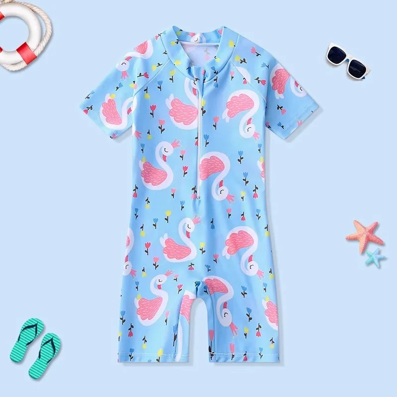 

SwimmyCubs Girls Swimming Costume Cartoon Short-sleeved Children's Swimming Costume One-piece Baby Swimsuit with Swim Cap