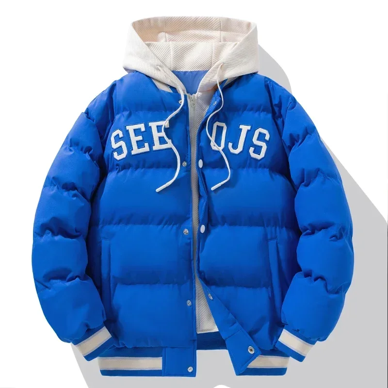 2024 Winter Baseball Jacket Harajuku Fake 2 Pct Design Thick Down Cotton Padded Coat Streetwear Loose Cold-proof Hooded Parka