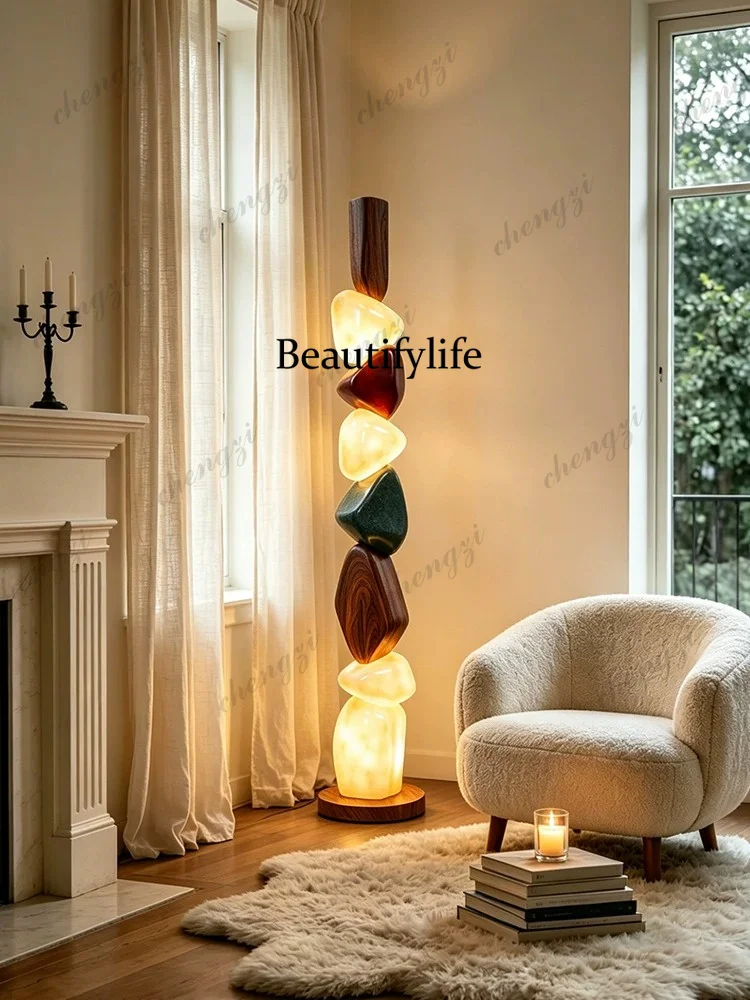 Vintage-style stacked stone floor lamp next to the sofa in the living room, bedroom, and bedroom. New creative retro lamp
