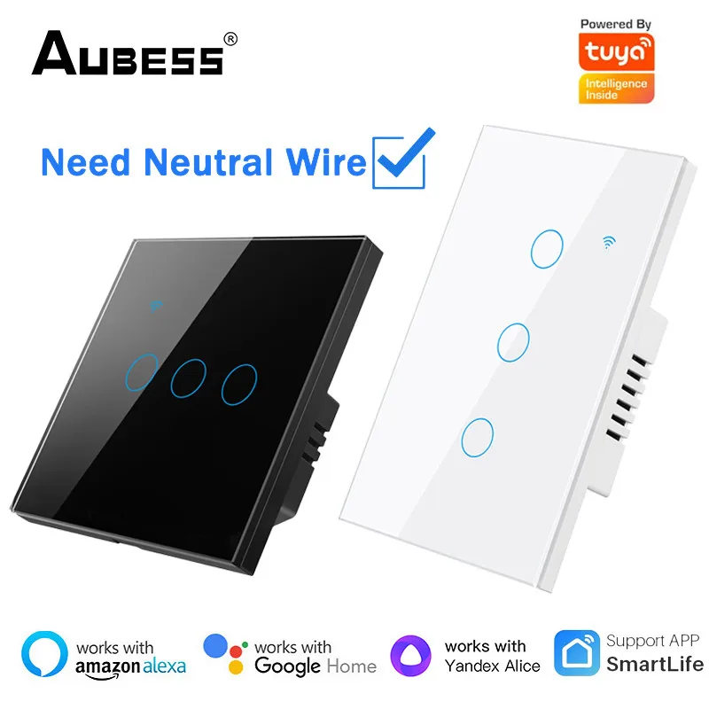 Aubess WiFi Smart Switch 1/2/3/4 Gang US/EU Light Switch Need Neutral Wire Tuya Smart Life APP Control Support Alexa Google Home