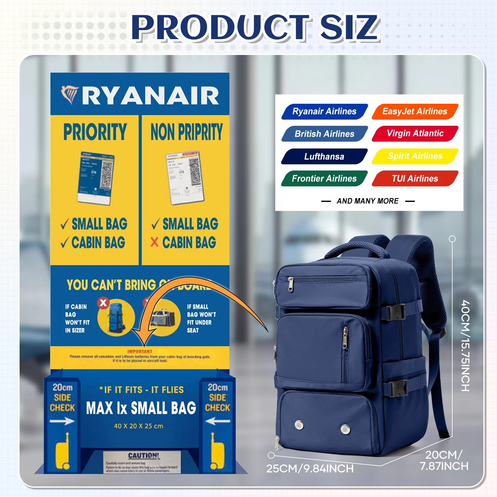 Travel Backpack Airplane Cabin Bag Ryanair Backpack 40x20x25 Luggage Laptop Bag Anti-Theft Men Women's Bag for Sports Trekking