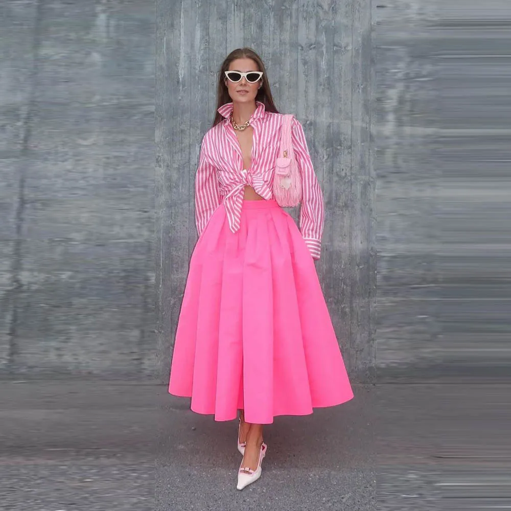 Hot Pink  Maxi Skirt For Women Without Top Pleats Ankle Length Spring Autuam Formal Skirts Women Saias
