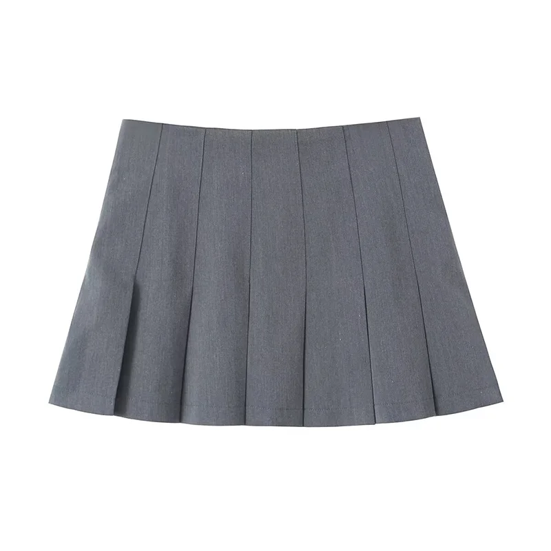 Willshela Women Fashion Grey Pleated Side Zipper Mini Skirt Vintage High Waist A-Line Female Chic Lady Skirts