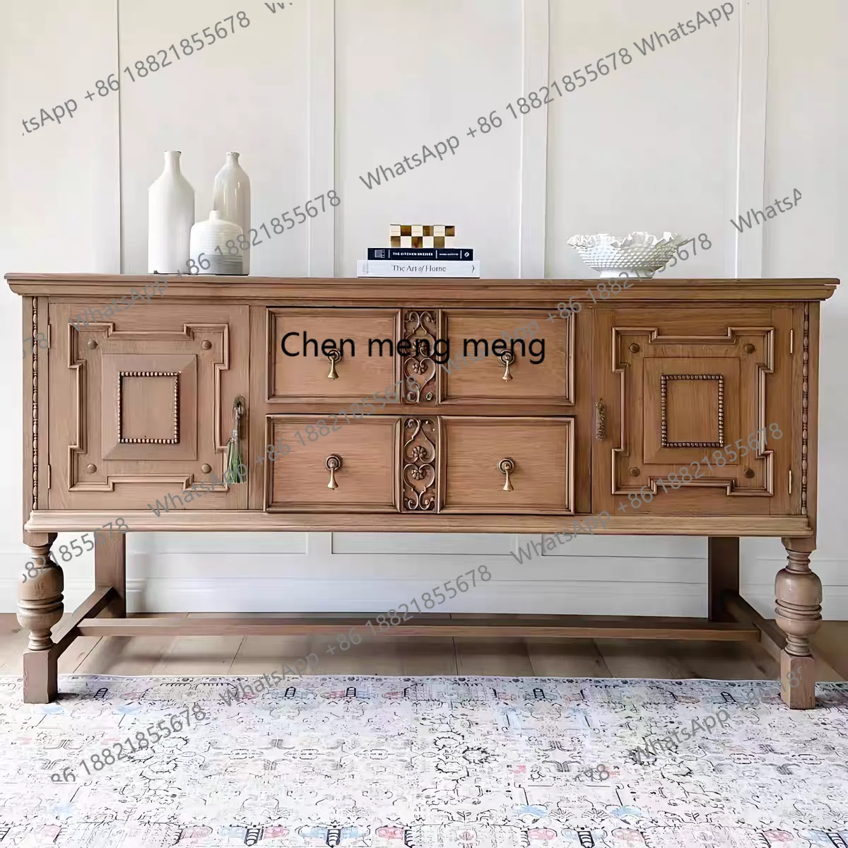 

Retro solid wood porch cabinet, household solid wood carving flower, living room decorative locker