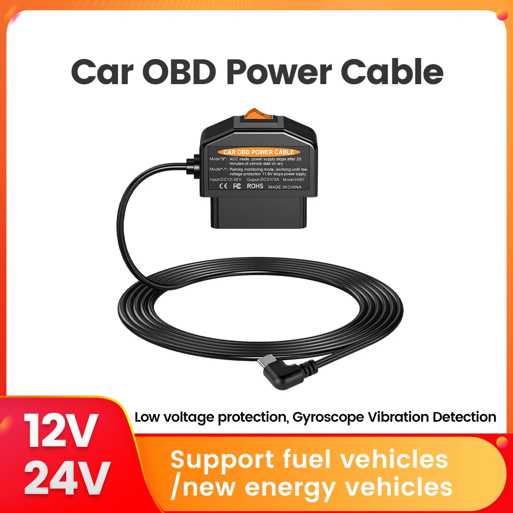 OBD Power Cable for Universal Car Interface Plug and Play with Switch for Dash Cam Camcorder Vehicle DVR Mini Micro Type-C Port