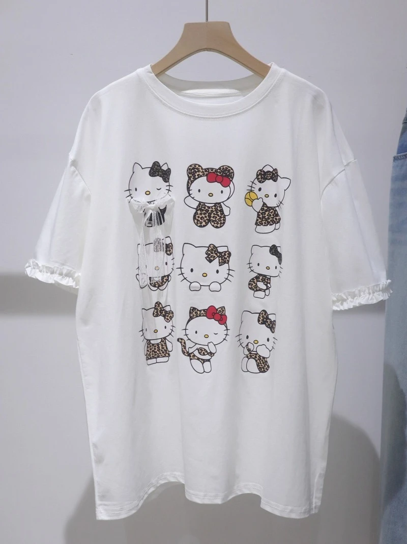 Dziewczęca koszulka z krótkim rękawem, z kokardą, w panterkę, z motywem kreskówkowym, nowa, letnia, luźna i cienka, z koronkowymi rękawami, bawełniana bluzka damska, odmładzająca.