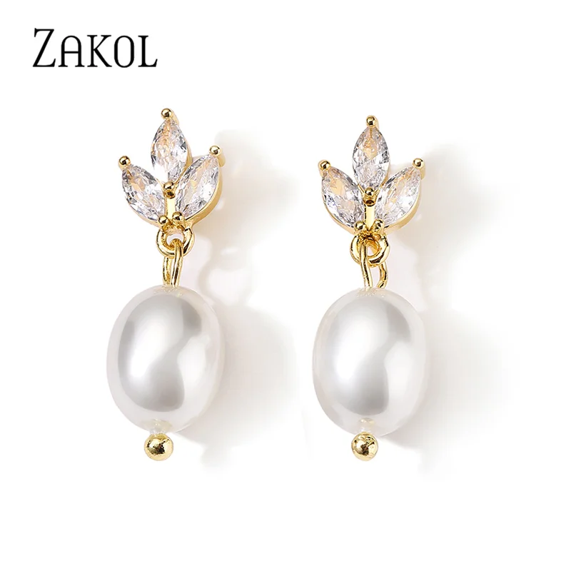 ZAKOL Simple Leaf Cubic Zircon Drop Earrings for Women Fashion Imitation Pearls Bridal Earring Wedding Jewelry EP5377