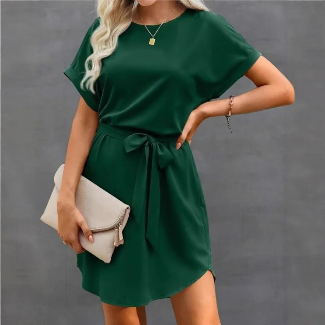 Cross-Border New Women's Wi Independent Station Belted Waist ort Sve Satin Dr Summer Season Midi Skirt Chinese Origin
