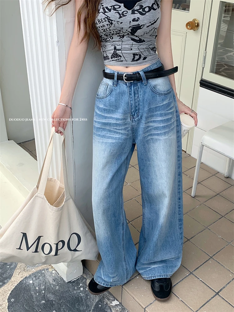 

Slergiri American vintage do old washed jeans women's streetwear loose high waist female straight wide-leg trousers without belt