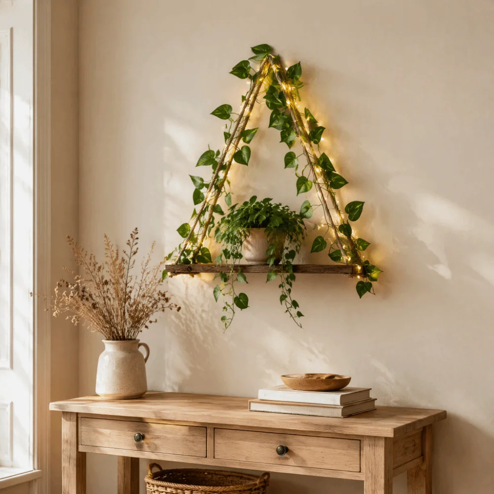 Decor Artificial Ivy Floating Wall Shelf Wooden Hanging Wall Hanging Shelf Floating LED Light Wood Shelf Bedroom