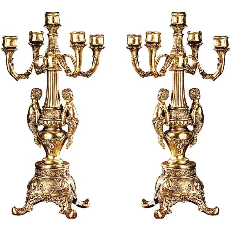 حامل شموع Toscano Grande Chateau Beaumont Candelabra، مجموعة من قطعتين، بطول 20 بوصة، راتنج من الحجر المصبوب، فيني ذهبي معدني