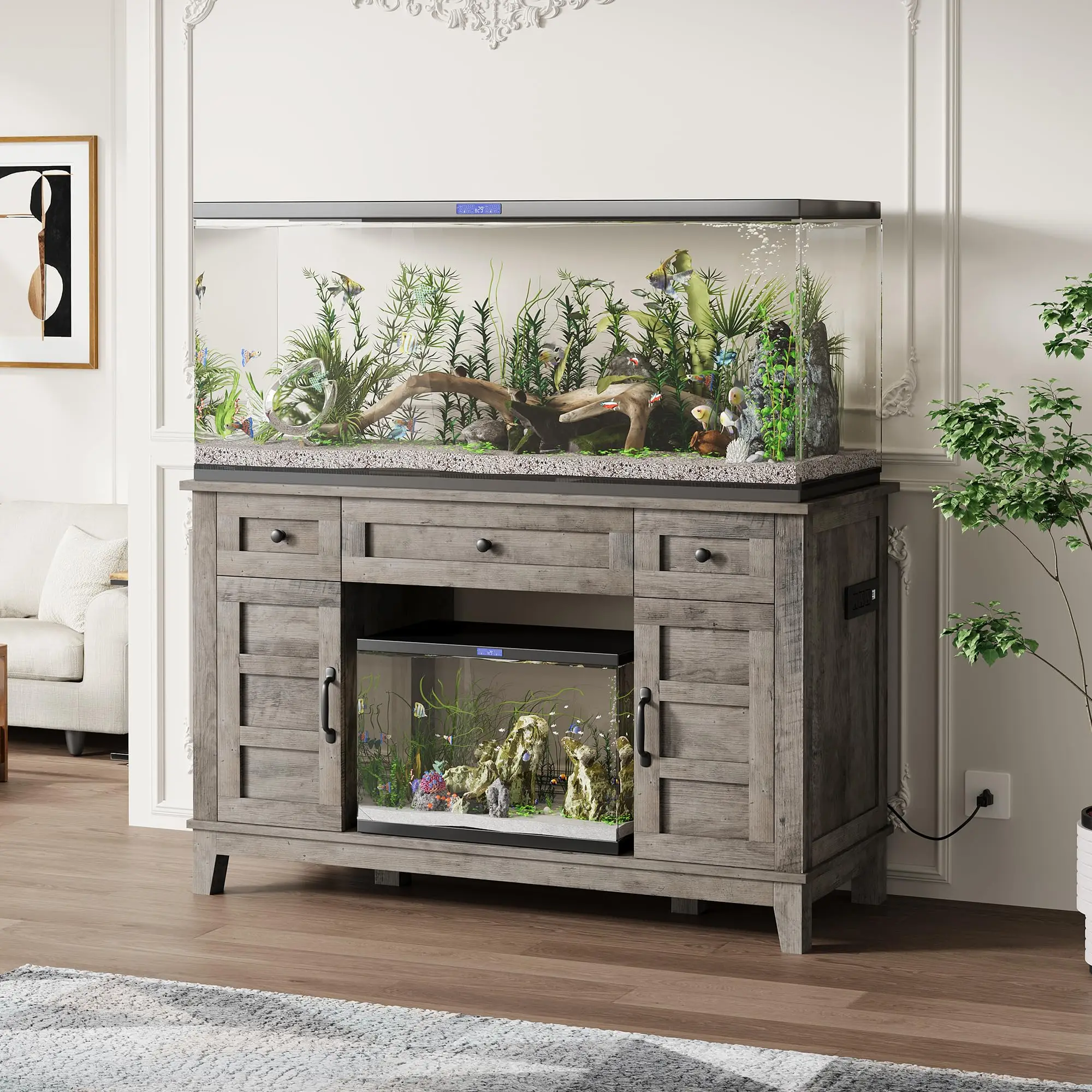 Farmhouse Aquarium Stand Cabinet for 55-75 Gallon Fish Tank - Heavy Duty 1400 lb Capacity - Double Doors & Adjustable