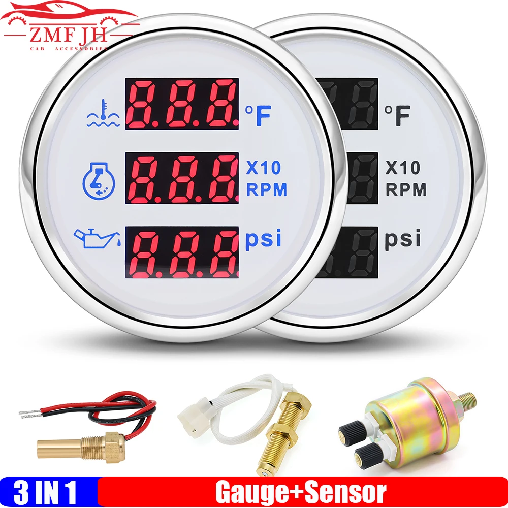 

Red Backlight 52mm Gauge 3 IN 1 Water Temperature Meter+Tachometer+Oil Pressure Gauge with Sensor for Auto Car Marine 12V 24V
