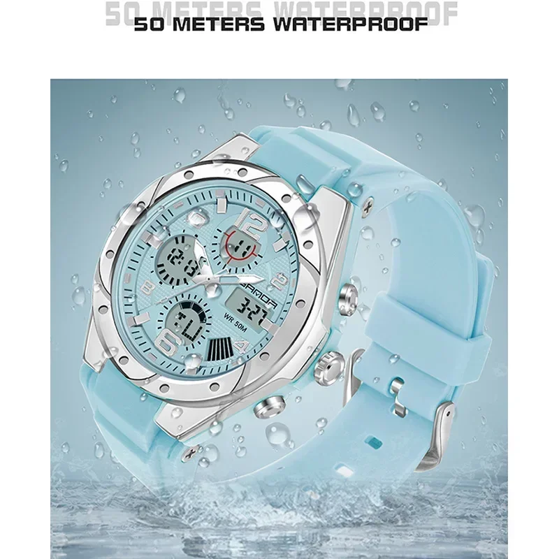 SANDA 6062 ساعة نسائية فتاة عسكرية مقاومة للماء كوارتز ساعات المعصم الفاخرة Ms LED ساعة رياضية رقمية موضة عادية الذهب المعصم