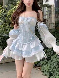 Ensemble deux pièces Kawaii pour femme, mini robe mignonne, nœud de fête doux, style coréen féminin imbibé, ensembles élégants, bleu japonais, Off initiated, 2023