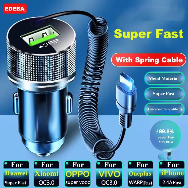 EDEBA USB-Autoladegerät aus Metall mit Typ-C-Kabel, 12 V, superschneller Lade-Fahrzeugadapter, 2-in-1, für iPhone, Samsung, Huawei, VIVO, OPPO