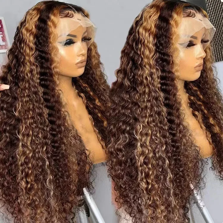 Destaque peruca synthe cabelo humano onda profunda peruca frontal 13x4 frente do laço ombre 150% peruca dianteira do laço transparente peruca de cabelo encaracolado 32in