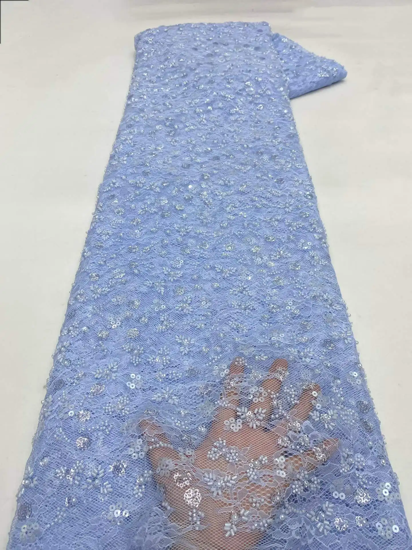 

Luxury African Sequins Beaded Lace Fabric 2026 High Quality Lace 5 Yards Bule French Lace Fabric Nigerian Lace Fabrics Party