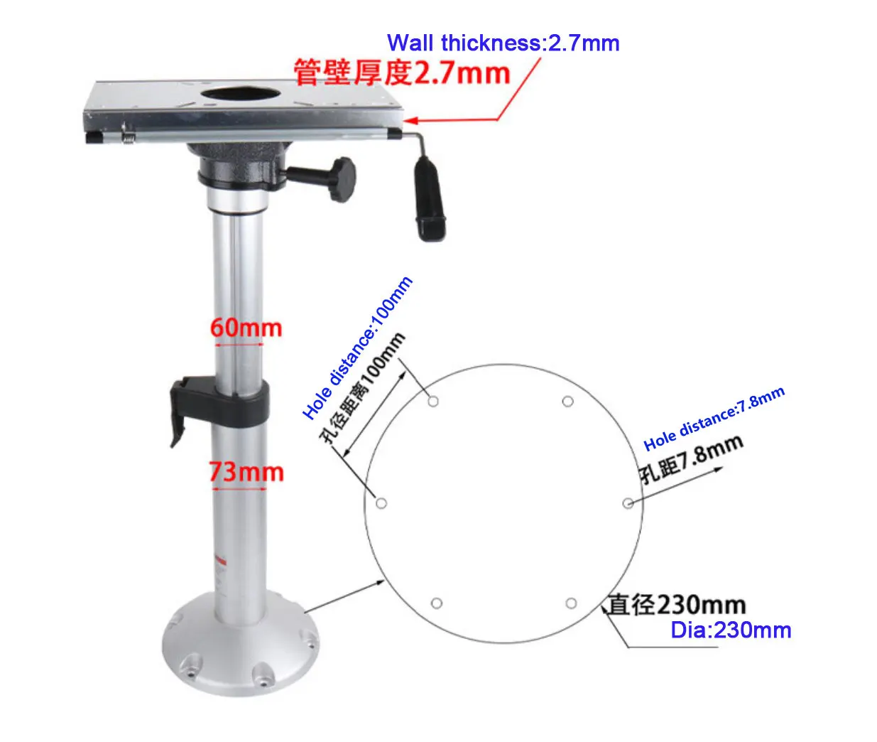 سبائك الألومنيوم البحرية 360 ° قاعدة مقعد دوارة تعمل بالغاز قابلة للتعديل لليخوت أو كرسي القوارب البحرية #5