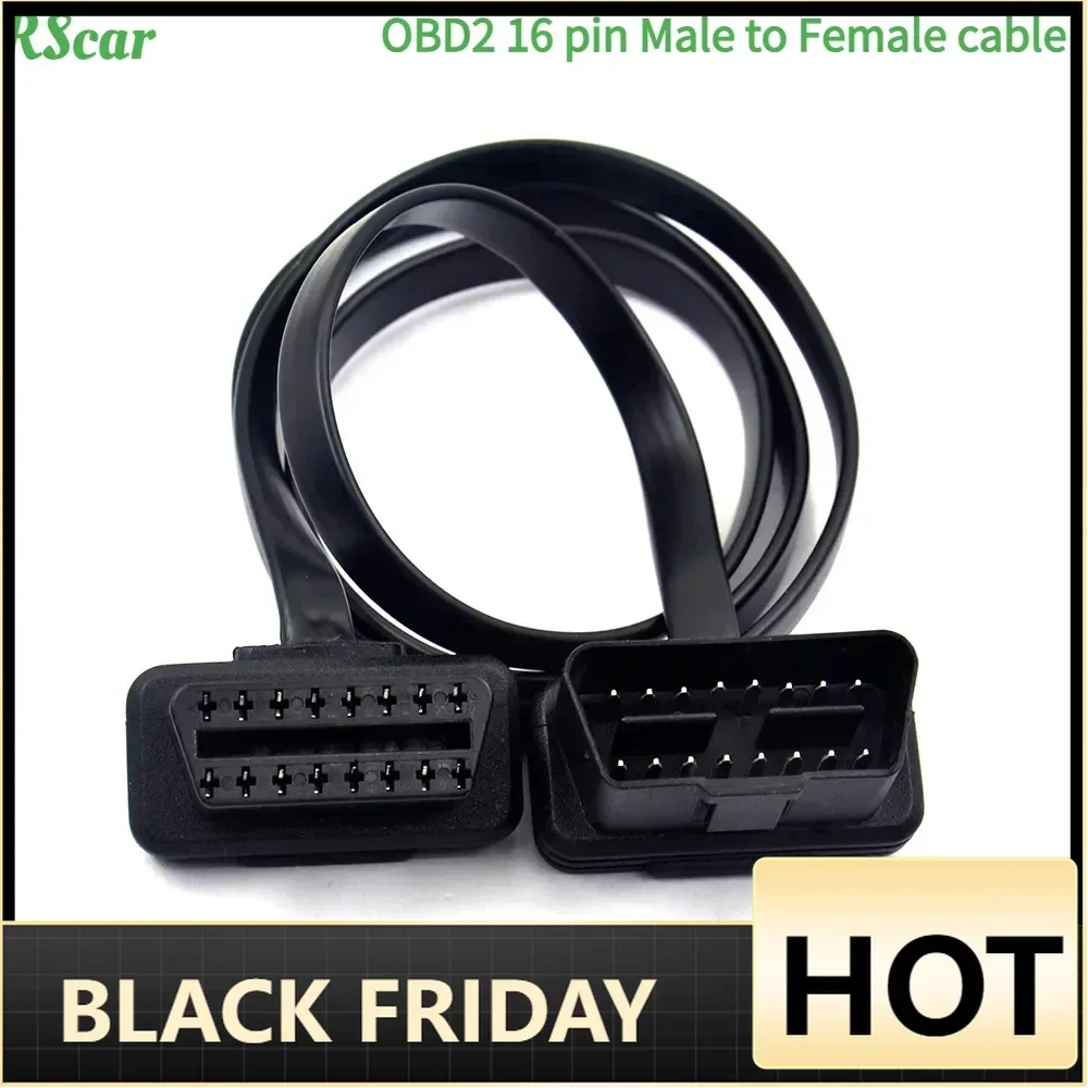 30CM Flat+Thin As Noodle 16 Pin Socket OBD OBDII 16Pin Male To Female Car Scanner OBD2 ELM327 Extension Cable Connector