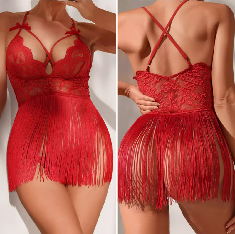 

Female Sexy Sleepwear Camisole Skirt Lingerie Tassel Lace