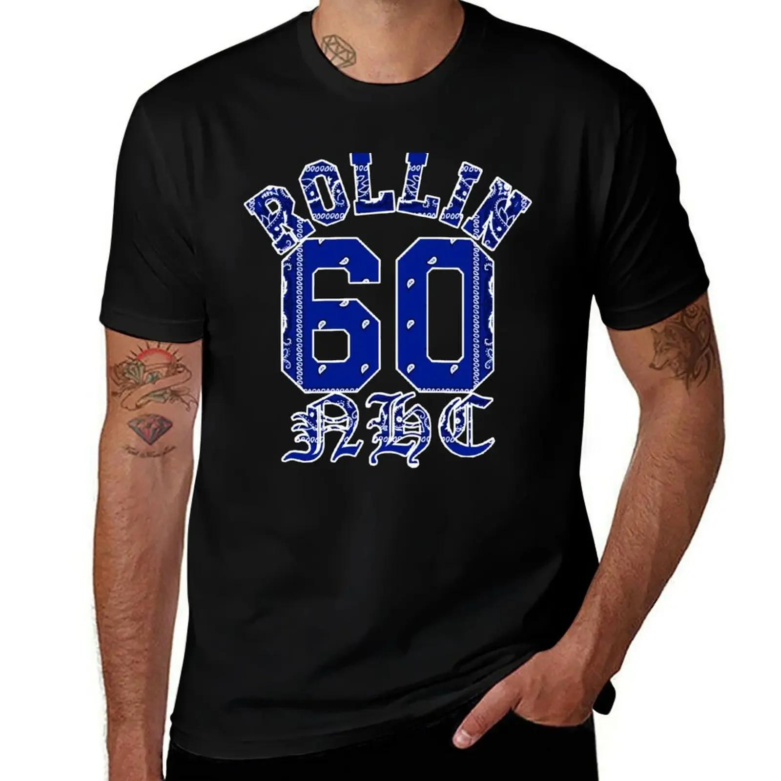 Rollin 60 NHC Neighborhood Crips Blue Bandana T-Shirt basketball graphic tees blue archive mens plain t shirts