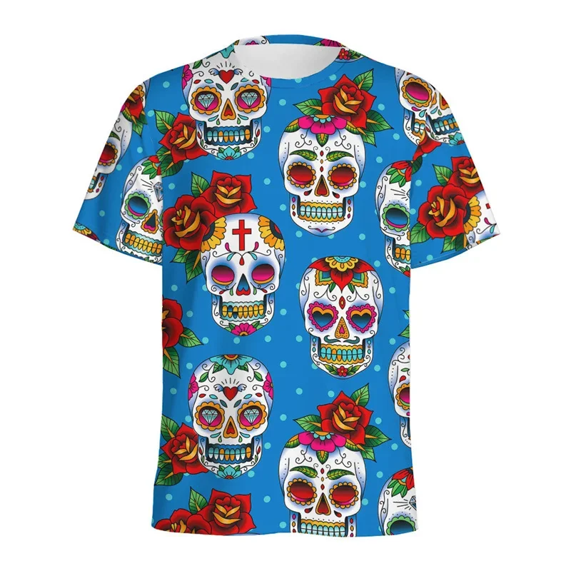 Fashion Mexican Sugar Skull Pattern T-shirt For Men Casual Short Sleeve Tops Summer 3d Printed Rose Graphic Tees Women T Shirts