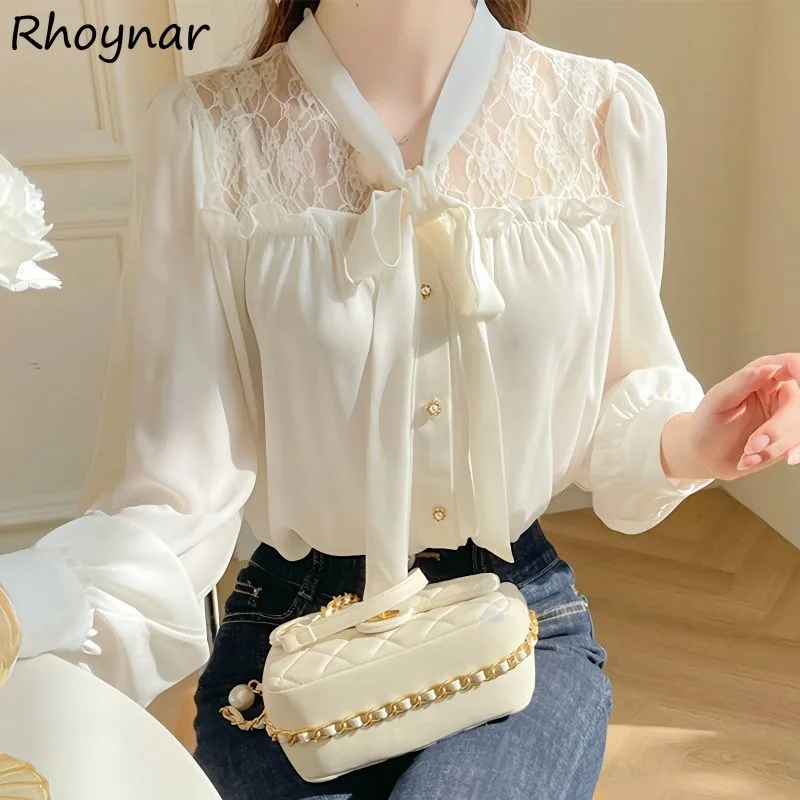 White Chiffon Shirts Women Long Sleeve Lace Patchwork Bow Fungus Thin Skin-friendly Elegant Temperament Ulzzang Solid Leisure