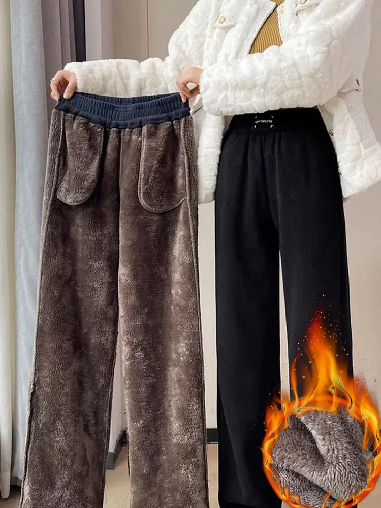 Winter Warm Thicken Lambswool Straight Pants Women Casual Elastic High Waist Fleece lined Wide Leg Pantalones Chic Baggy Calca