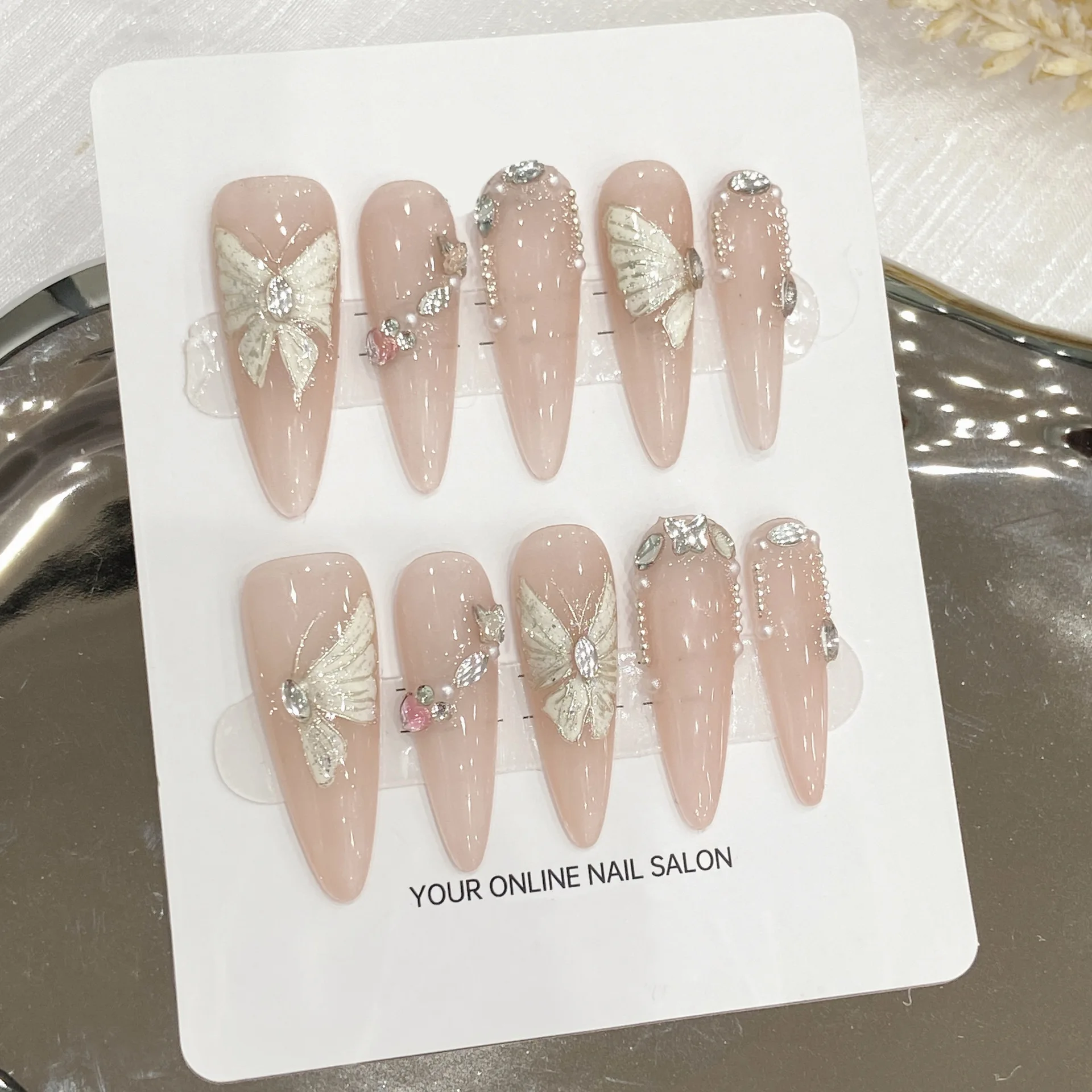 Handmade longo amêndoa unhas falsas, pontas do prego do strass, strass destacável, pressione em unhas, manicure francês, 10pcs