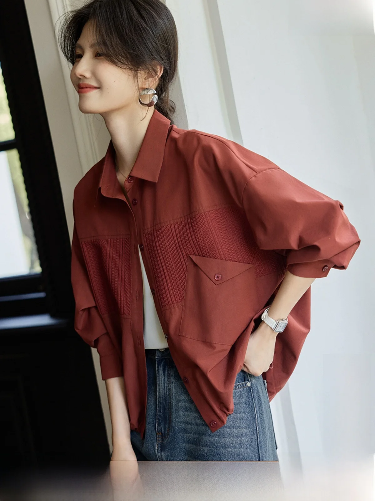 

XWI красная текстура в стиле пэчворк Dstring irt Jaet женский ранняя осень легкий свободный повседневный топ Ele