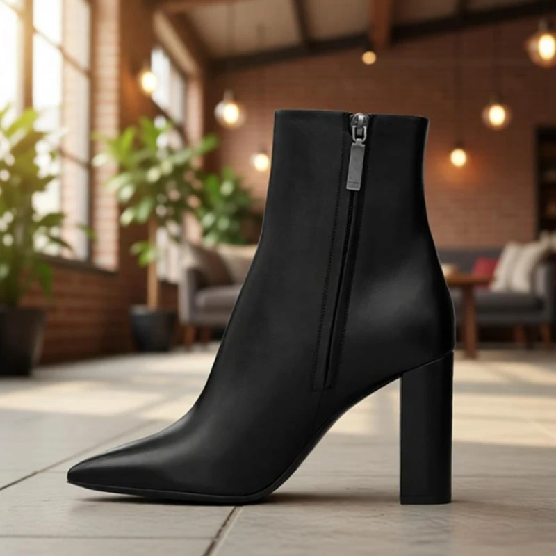 

Full Black Matte Leather Block Heel Ankle Boots Zipper Pointy Women Spring Autumn Short Bootie Modern Party Dress Shoes