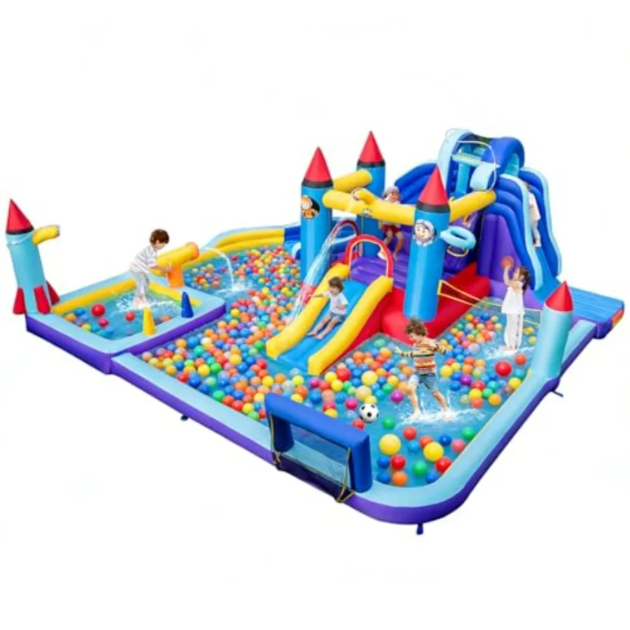 

Outdoor backyard inflatable water slide park for kids: PVC blue and yellow 10-in-1 mega jump castle with splash pool dual slide