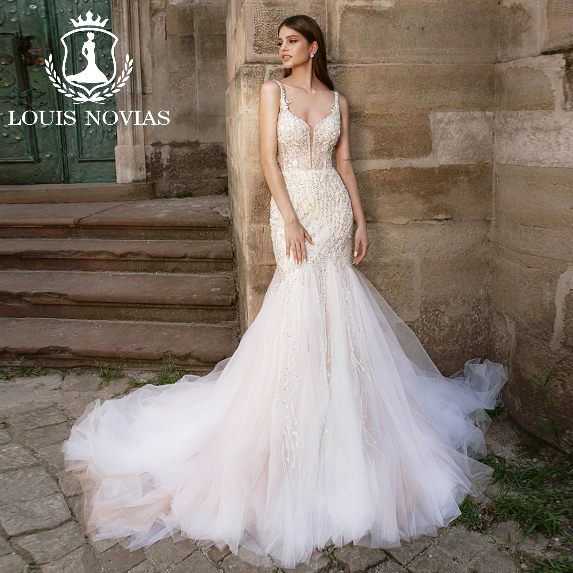 LOUIS NOVIAS-vestido De Novia De sirena, traje De boda con escote Corazón, tirantes finos, apliques, lazo De lentejuelas, Hada, 2023