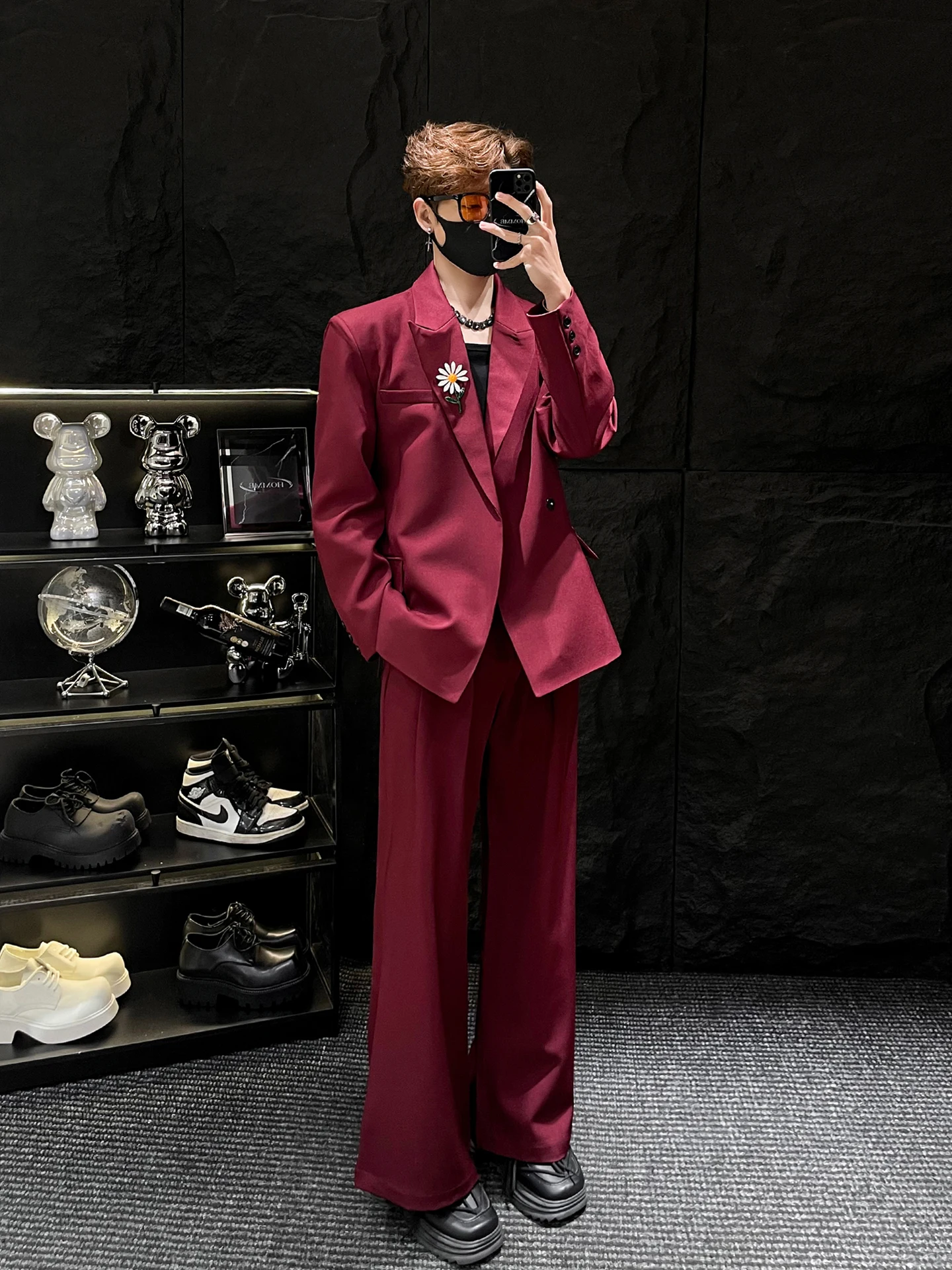 

High-End Korean Sle Red Suit Set for Men Loose oulder Pad Wide Leg Pants Youth Faion Spring Season Casual Wear