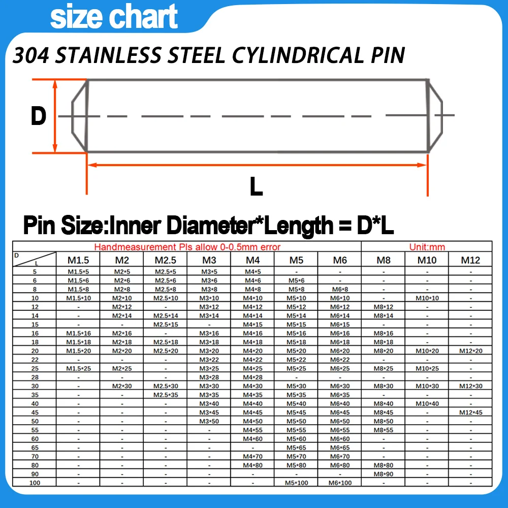 GB119 304 Stainless Steel Cylindrical Dowel Pins Solid Fixing Pins Locating Shaft Lock Rod Fastener Kit M1 M2 M3 M4 M5 M6 M8 M10