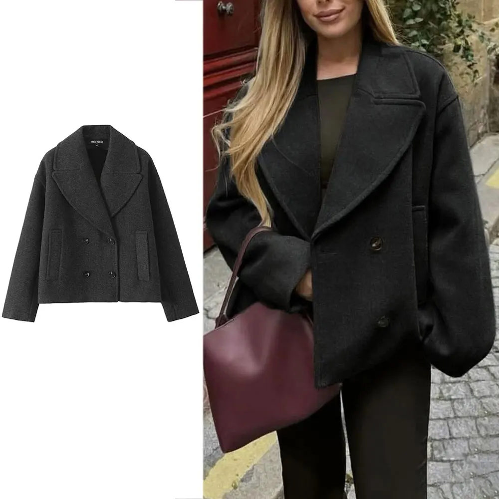 

HH женское модное твидовое пальто винтажное серое двубортное пальто с отложным воротником и длинными рукавами пальто осенняя верхняя одежда для поездок на работу