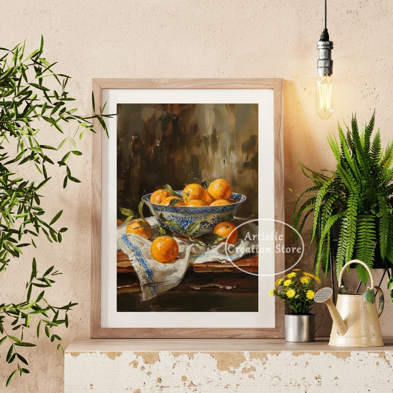 Vintage Mediterranean Lemon Tree Orange Fruit Still Life Kitchen Poster Canvas Painting Wall Art Picture Home Interior Decor