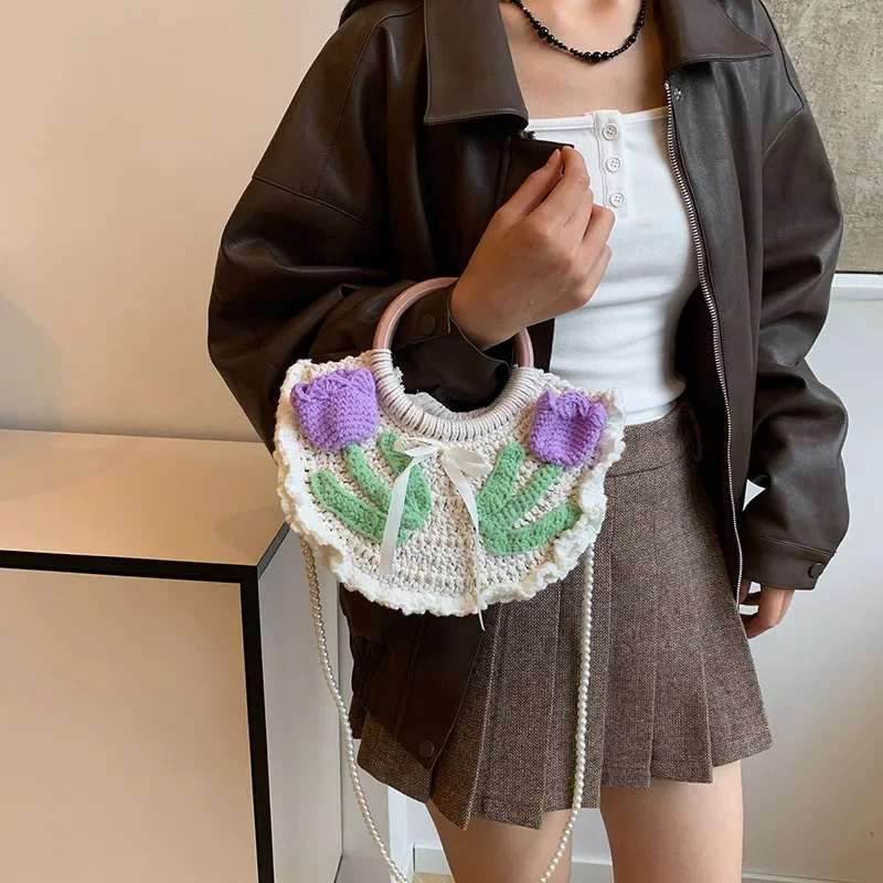 Bohemian Rose Crochet Handbags Half Moon Knitted Shoulder Bag Handmade Rope Woven Crossbody Bags for Women Round Handle Clutch